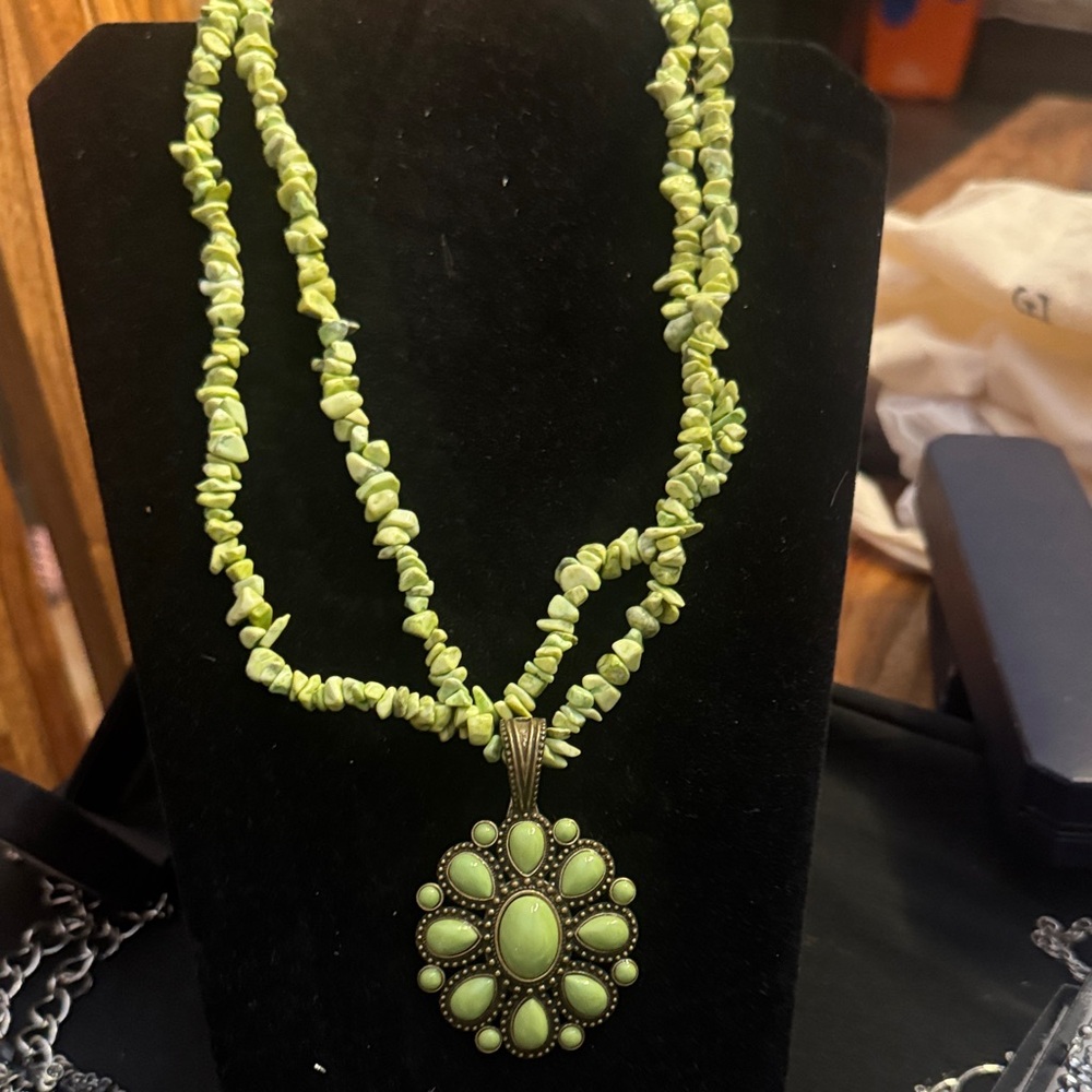 Park Lane Green Beaded Necklace with Floral Pendant